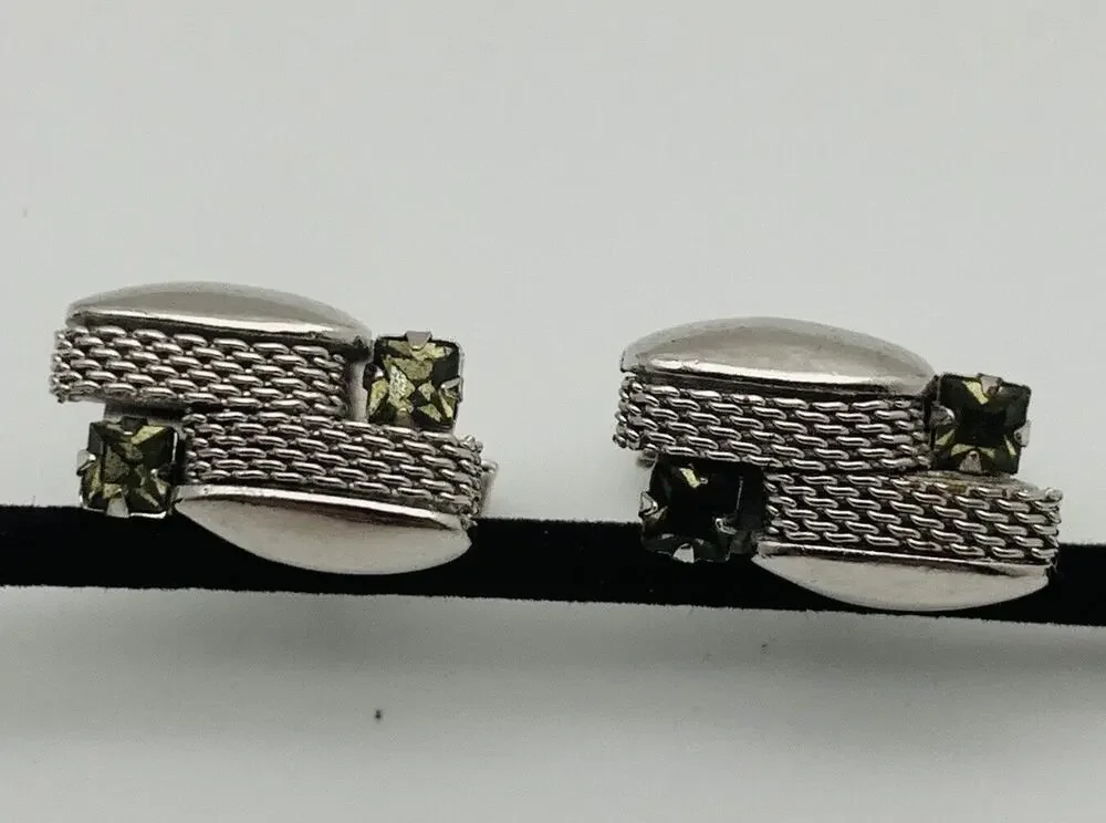 Vintage Swank Smokey Rhinestone Cufflinks Silver Tone Contrast Texture Signed